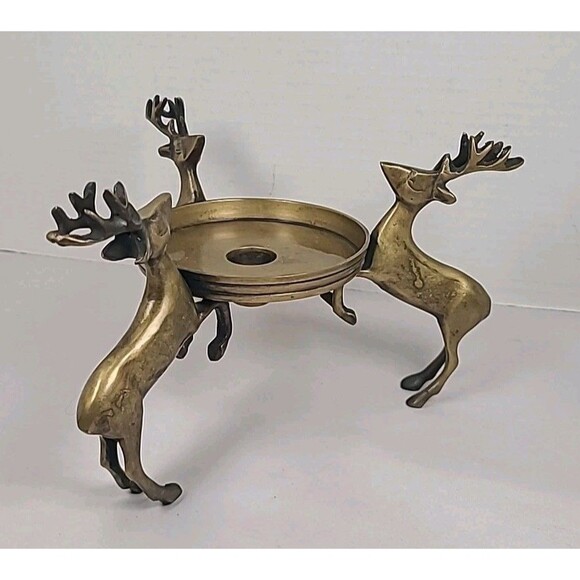 Brass Deer Reindeer Trio Footed Large Pillar Candle Holder Christmas Holiday - Picture 3 of 7